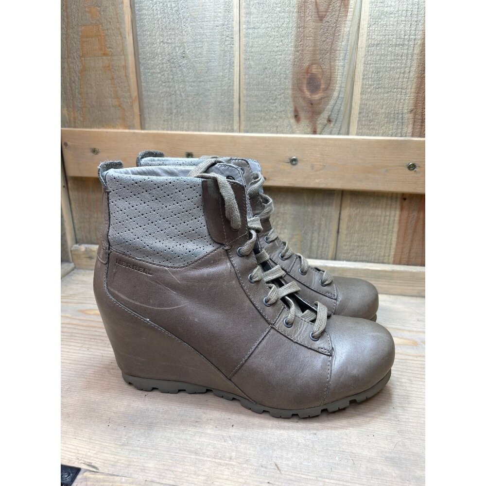 Merrell Womens Wedge Ankle Boots Size 8 Khaki Gray Leather & Suede